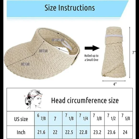 Women's Wide Brim Sun Hats Roll-up Foldable Straw Golf Visor Hat - Picture 6 of 6